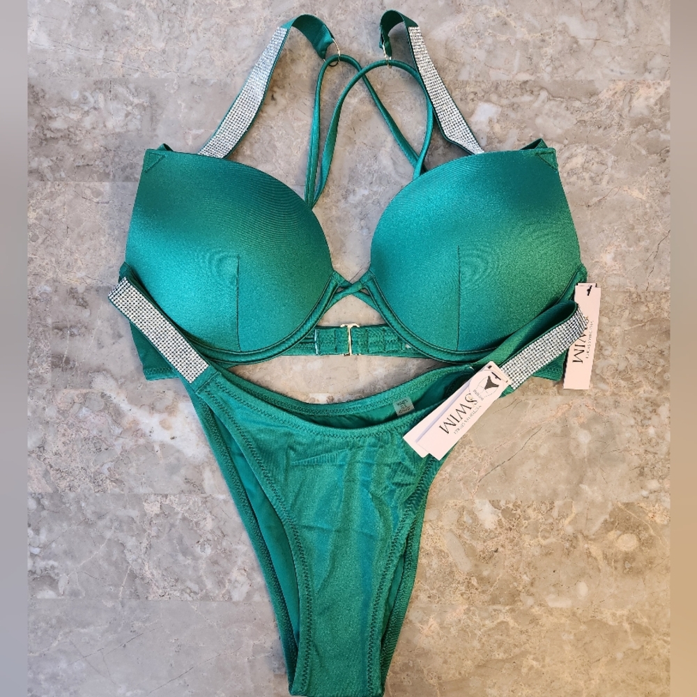 38D/L VS Swim Shine Strap Bombshell Brazilian Bikini Set Green Tropical